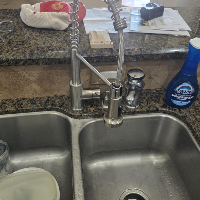 Spring neck kitchen faucet with pull-down sprayer