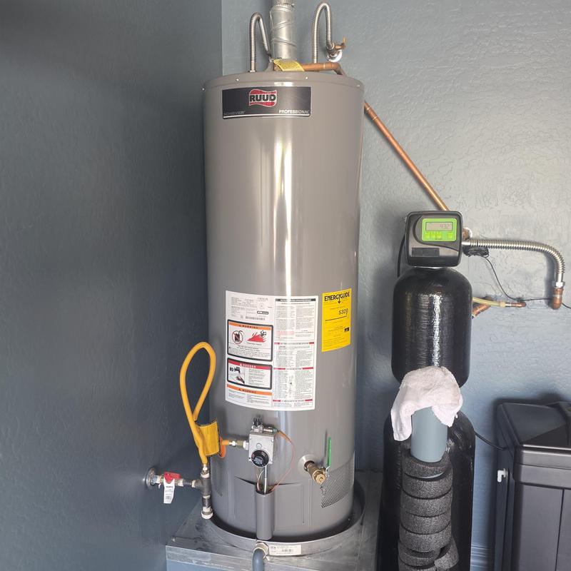 50 gallon Ruud gas water heater installation in garage