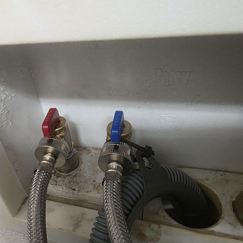Washer box hot and cold valves with hoses installed